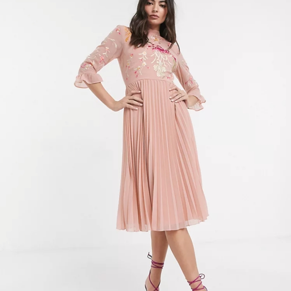 ASOS DESIGN embroidered pleated midi dress